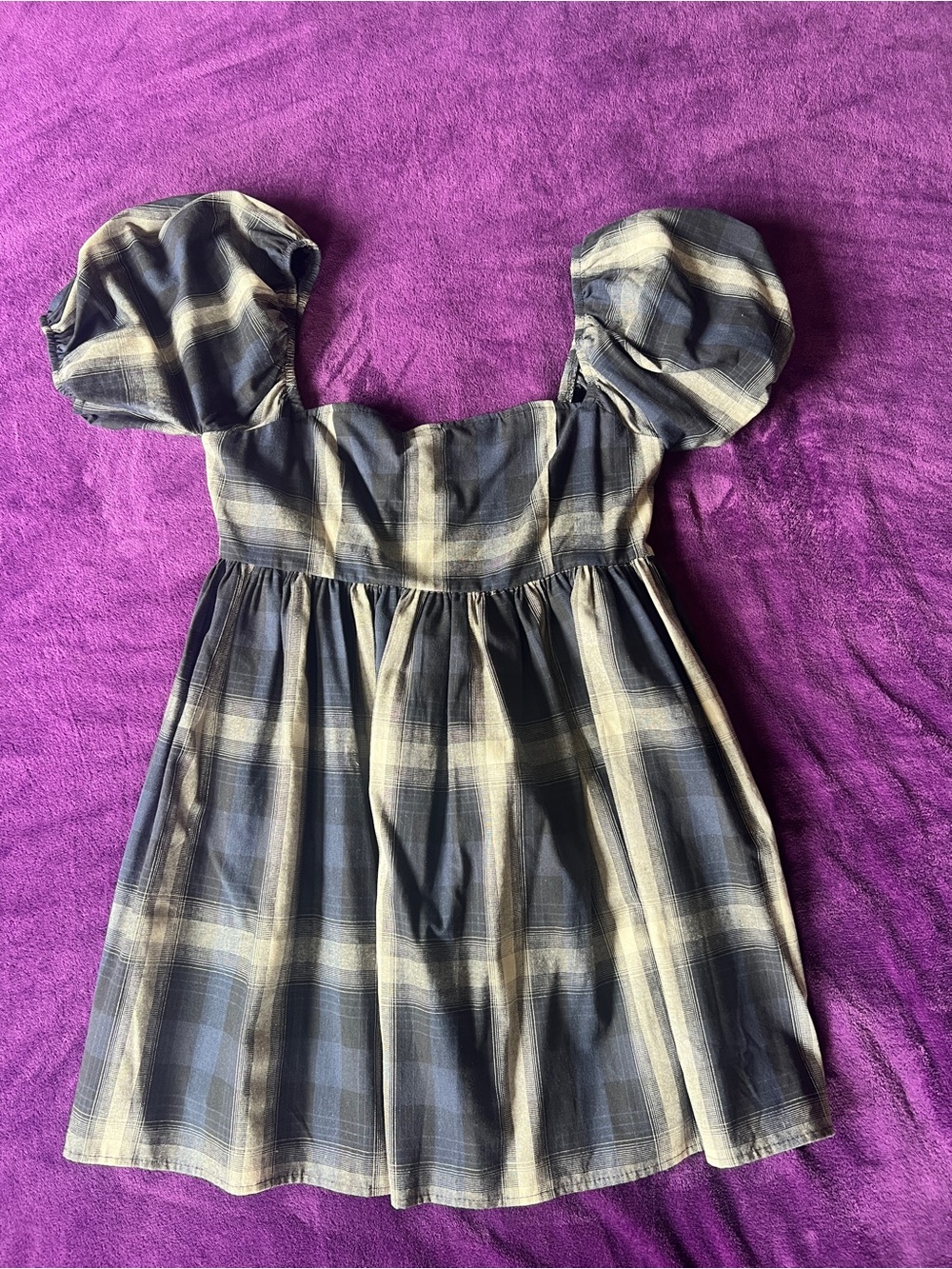 DollsKill Delia’s Plaid Puff-Sleeve Babydoll Top - Blue and Cream Size M NWOT